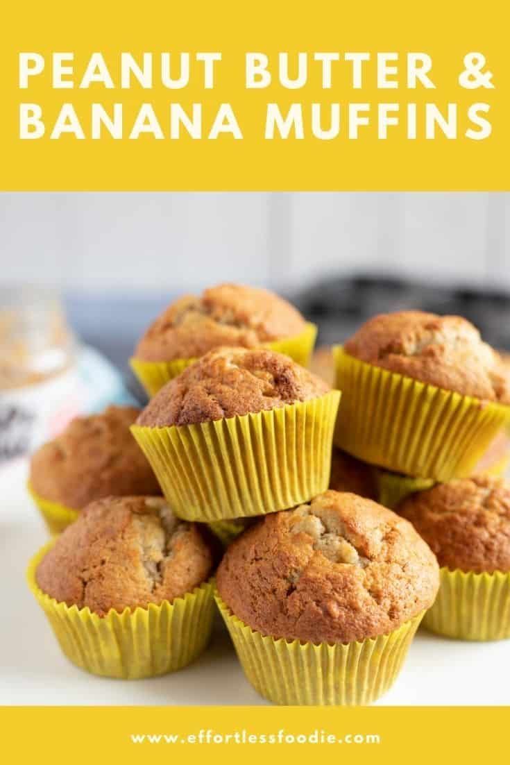 several banana muffins stacked on top of each other with the words peanut butter and banana muffins above them