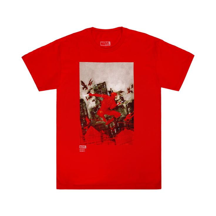 a red t - shirt with an abstract painting on it