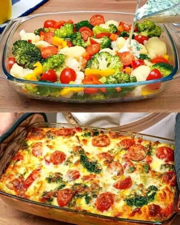 two pictures of different types of casserole with broccoli, tomatoes and other vegetables