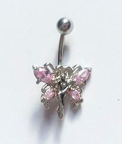 a pink butterfly belly button ring on a white surface with a silver bead around it