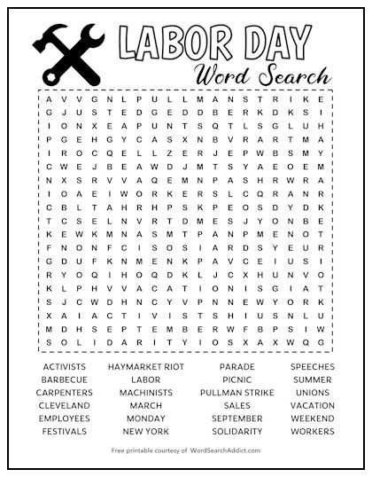 the labor day word search is shown in black and white