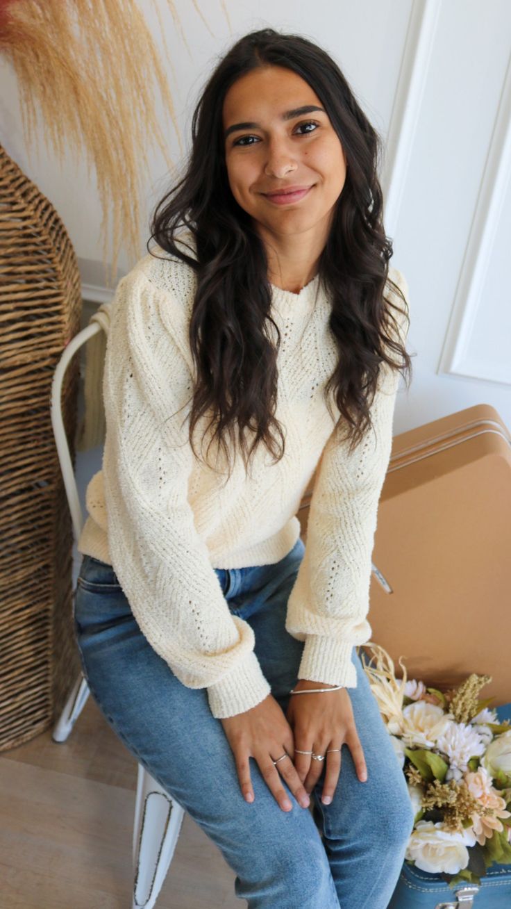 An ivory knit sweater with a cable detail on the front. Fit: true to size XS: 0-2 Small: 4-6 Medium: 8-10 Large: 12-14 Model: small Laundry: wash on cold, hang to dry Pearl Accessories, Outerwear Women, Small Laundry, Jumpsuits For Women, Skirt Jumpsuit, Kids Outerwear, Knit Sweatshirt, Sweatshirt Dress, Personal Shopping