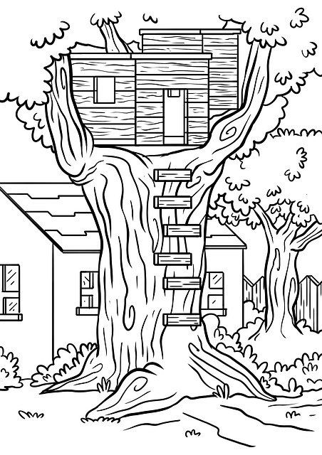 a tree house in the woods coloring page