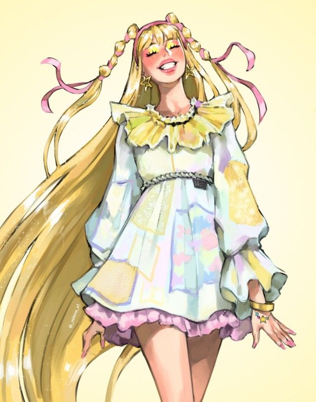 a drawing of a girl with long blonde hair wearing a white dress and yellow shoes