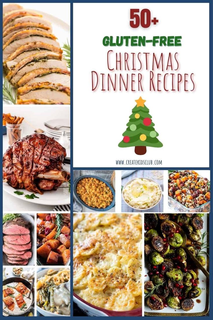 christmas dinner menu with the words 50 gluten - free christmas dinner recipes