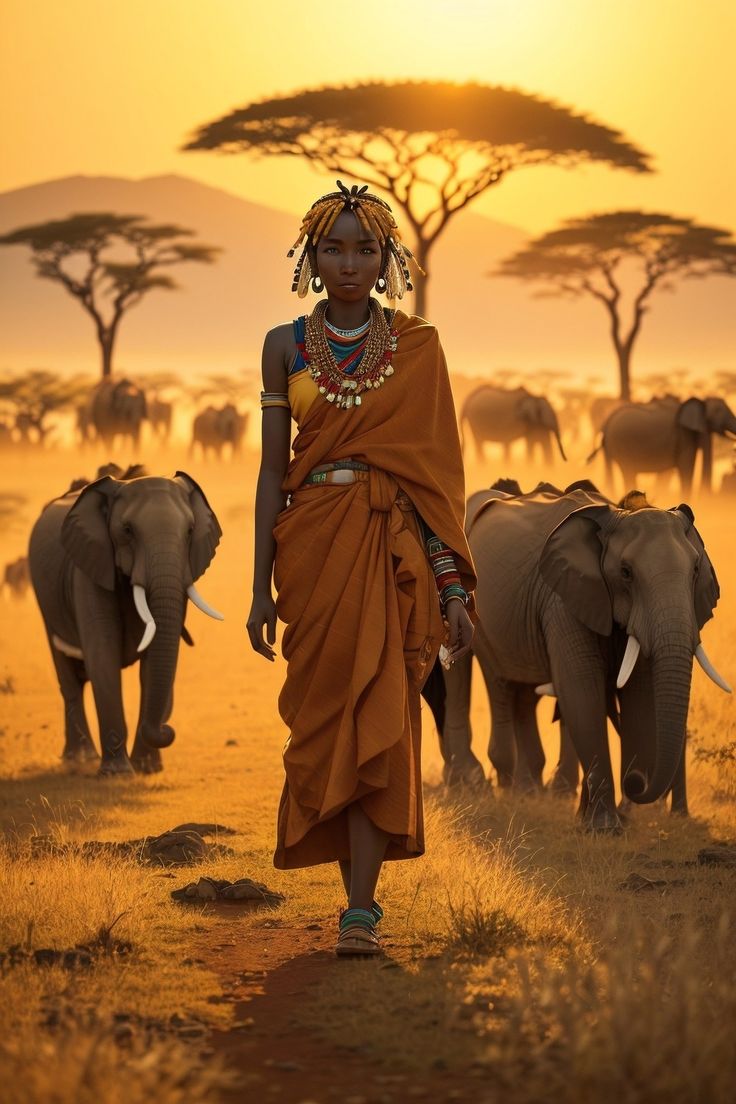 a woman in an orange dress is walking with elephants on the plains at sunset or dawn