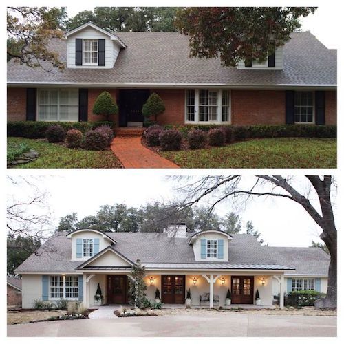 before and after photos of a house with white trim, brown shutters and red brick