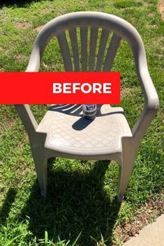 a plastic chair sitting in the grass with a red sign over it that says before