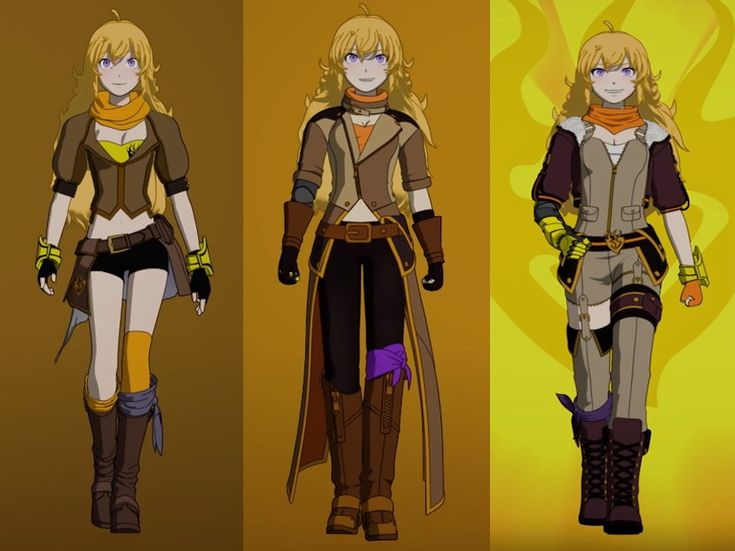 three different types of female character outfits in various styles and colors, one with long blonde hair