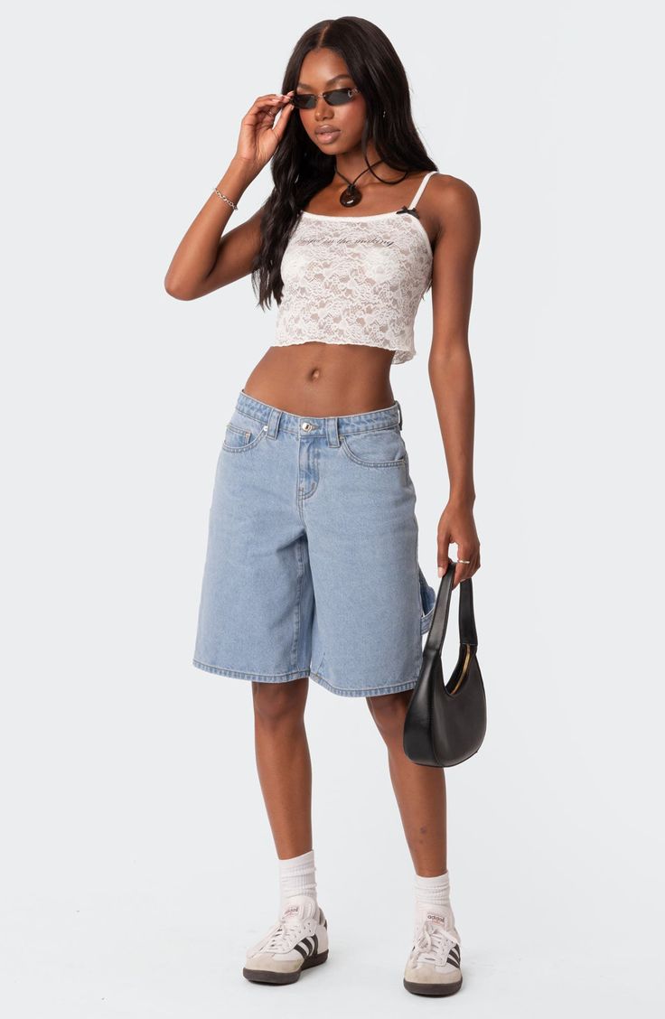 Perfectly baggy and nonchalant, these nonstretch-denim shorts exude throwback style with utility pockets and a superlow-rise waist. 100% cotton Hand wash, dry flat Imported Trendy Mid-rise Cotton Bermuda Shorts, Casual High Waist Denim Cargo Shorts, High Waist Denim Cargo Shorts Casual Style, Casual High-waist Denim Cargo Shorts, Casual High Rise Denim Cargo Shorts, Casual High-rise Denim Cargo Shorts, Relaxed Fit Jean Shorts With Hip Pockets For Spring, Casual High Rise Cargo Shorts For Summer, Casual High-rise Cargo Shorts For Summer