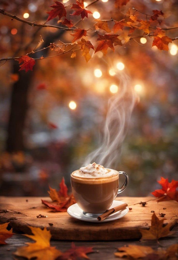 a cup of coffee with steam rising out of it on a wooden table surrounded by autumn leaves