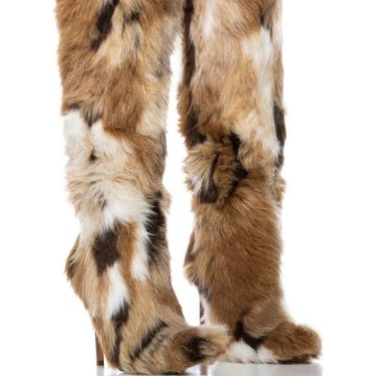 The Azalea Wang " Wilderness Wild " Multi Furry Boot Is Made With A Luxurious Neutral Multicolored Faux Fur Upper And Features A Pointed Toe Silhouette, A Below The Knee Shaft Height, An Exposed Vegan Leather Slim Stiletto Heel, And An Easy Pull-On Fit. Style With The Wild Ones Faux Fur Ear Muffs And The Faux Fur Tote For A Complete Look. - Textile Upper - Pointed Toe - Below The Knee Shaft Height - 4.5” Stiletto Heel - 15” Shaft Height - 16.5” Circumference - Imp Madewell Boots, Boots With Leg Warmers, Faux Fur Handbag, Dope Jewelry Accessories, Black Couple Art, Fur Heels, Azalea Wang, Ear Muffs, Brown Leather Ankle Boots