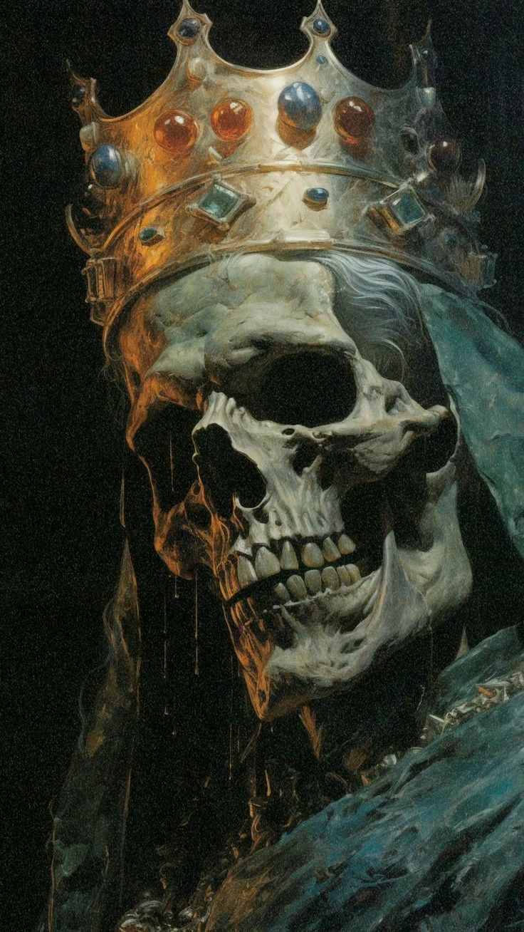 a painting of a skull wearing a crown