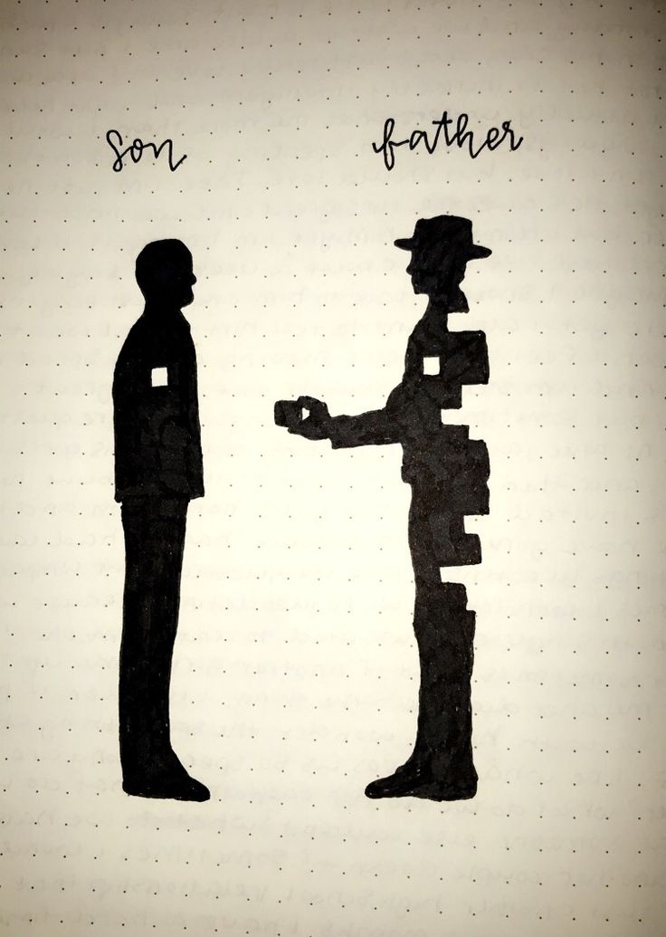 the silhouettes of two people facing each other, one holding a cell phone in his hand