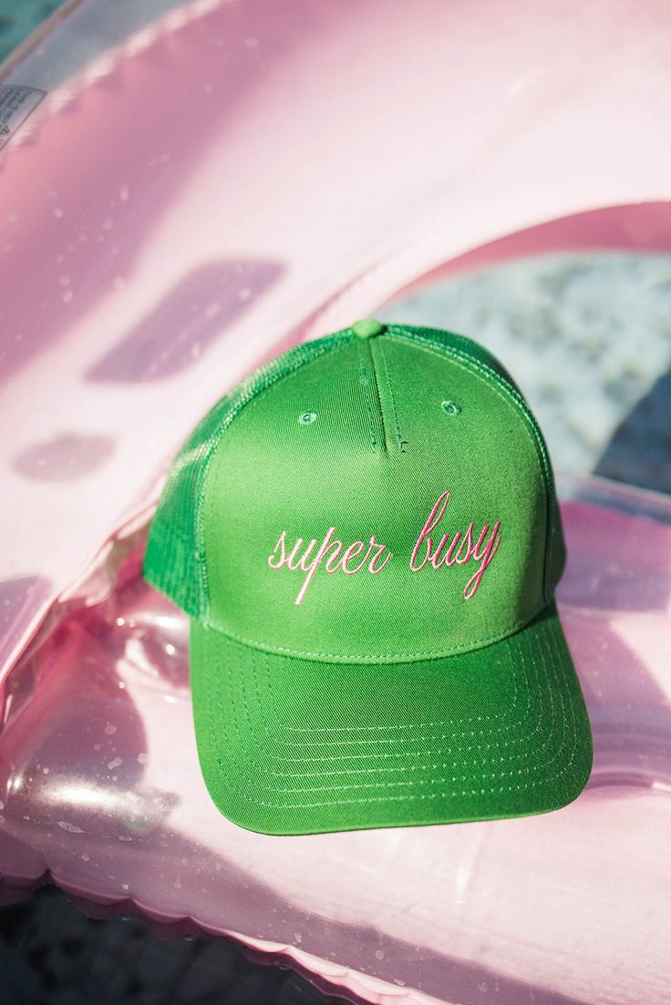 Super Busy 5 Panel Cap  - Pepper & Pearl Boutique Green Trucker Snapback Hat With Flat Bill, Green Trucker Snapback Hat With Curved Bill, Green Trucker Hat Snapback Style, Green Snapback Trucker Hat, Adjustable Green 5-panel Trucker Hat, Green Fun Snapback Trucker Hat, Fun Green Snapback Trucker Hat, Green Trucker Snapback Hat, Green Snapback Trucker Hat, Fun Style