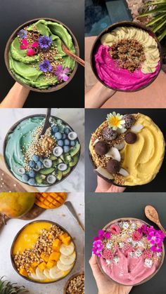 six pictures of different types of desserts with flowers on top and in the middle