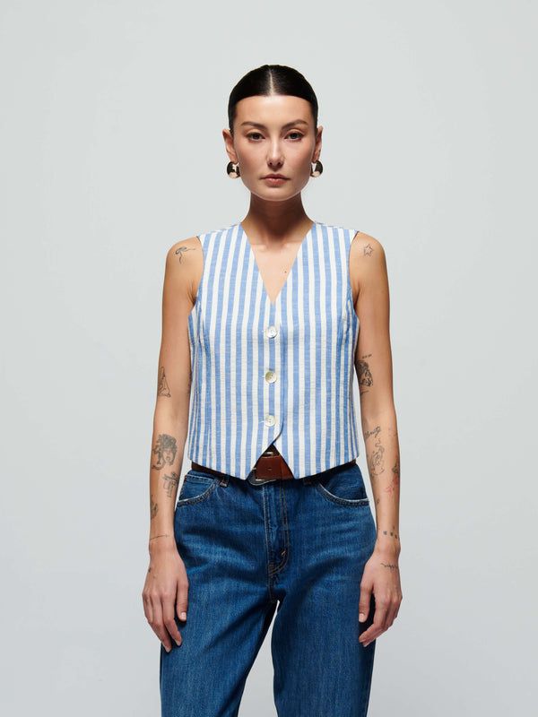 Maddie Vest - Parisian Blue Stripe | NATION LTD Classic Summer Vest, Classic Spring Vest For Daywear, Classic Fitted Denim Vest For Spring, Classic Fitted Sleeveless Denim Vest, Classic Fitted Denim Sleeveless Vest, Classic Fitted Cotton Denim Vest, Fitted Classic Cotton Denim Vest, Spring Fitted Vest, Fitted Vest For Everyday Spring Wear