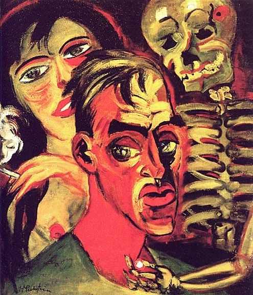 a painting of two people with skeleton heads