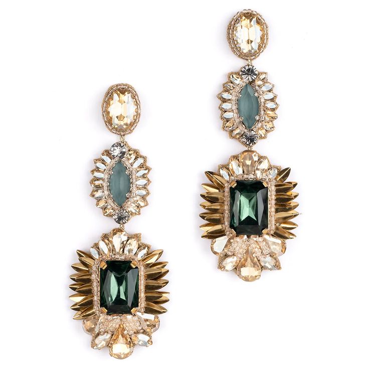 The Emerald Klara Earrings by Deepa Gurnani Flat Platform Sandals, Deepa Gurnani, Burlington Vt, Crystal Drop Earrings, Crystal Drop, Handmade Fashion, Colors And Patterns, Jewelry Bags, Accessories Necklace