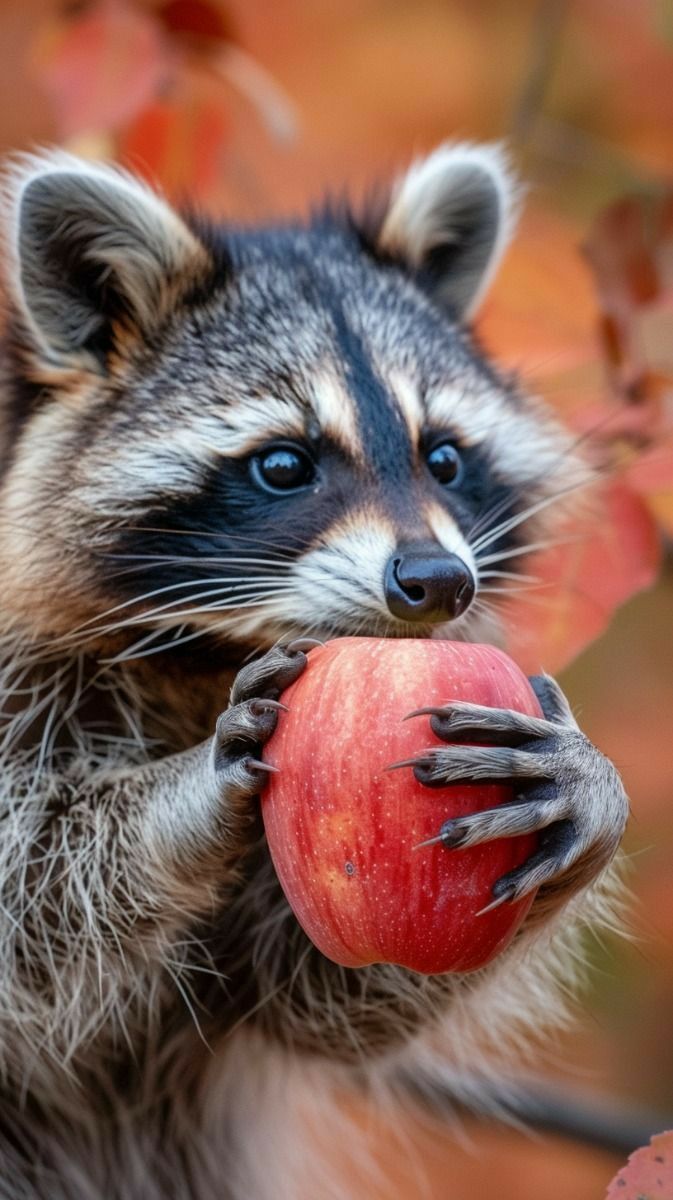 a raccoon holding an apple in its paws