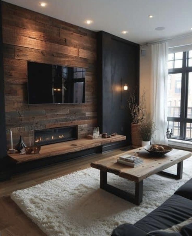 a living room with a couch, coffee table and television on the wall in it