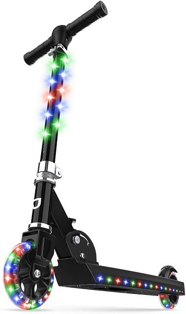 an electric scooter with multicolored lights on the front and back wheels