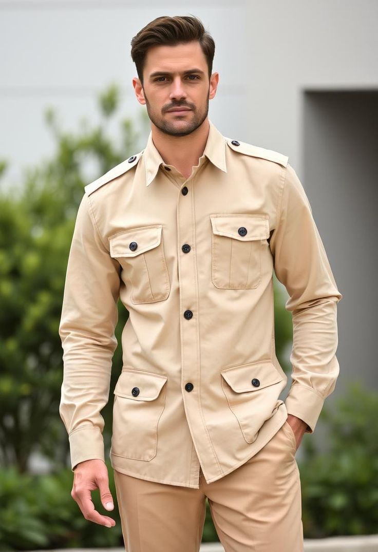 This beige military-style utility shirt is a versatile addition to any wardrobe. Designed with functional buttoned pockets, shoulder epaulets, and a sharp fit, it combines practicality with style. Perfect for casual outings or layered with a jacket, this shirt ensures both comfort and a timeless look for every occasion. All shirts come in standard US sizes Made in beige color thick cotton fabric.Fit for mountaineering, hiking, traveling, camping, running and other outdoor activities Dry Clean Only: Made in India Hunter Shirts For Men, Safari Shirts For Men, Hunter Costume, Crocodile Hunter, Utility Shirt, Military Style, Military Fashion, Beige Color, Halloween Shopping