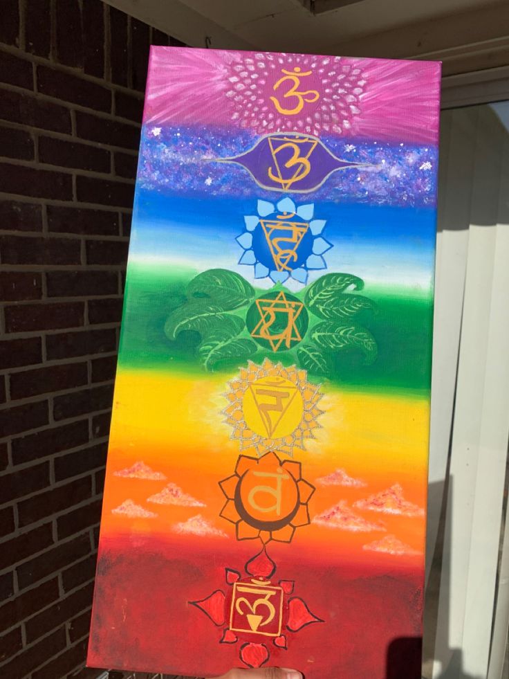 the seven chakras are on display in front of a brick wall and window