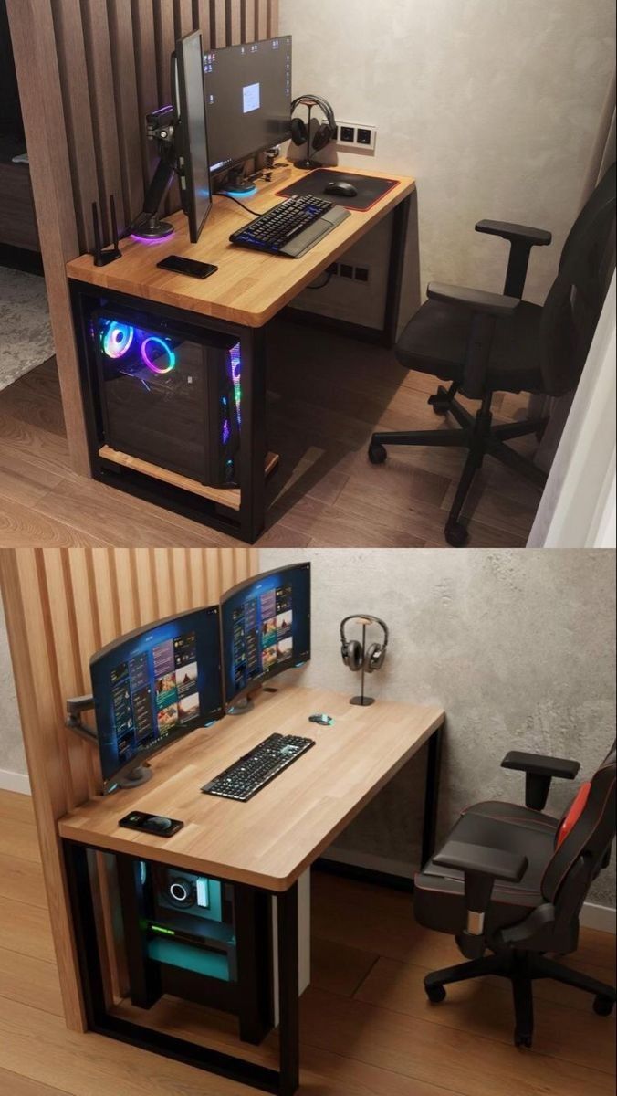 there are two different desks with computers on them