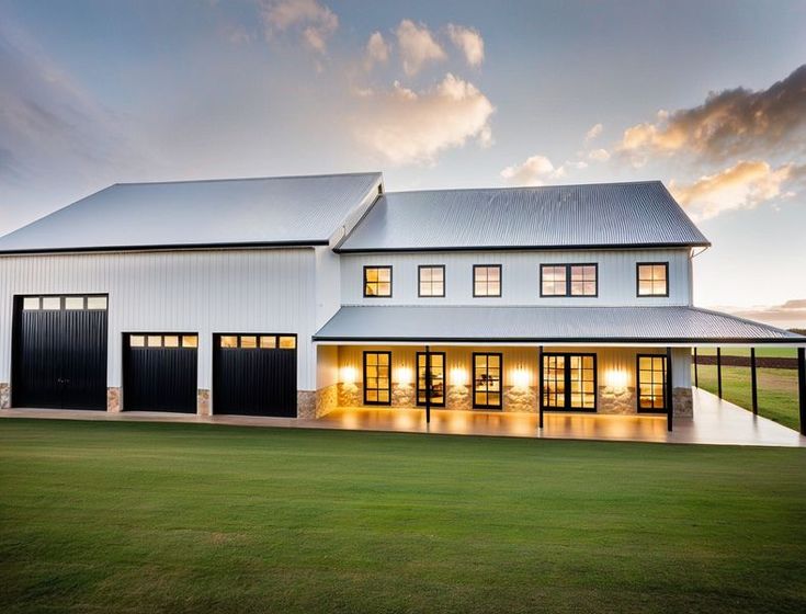 a large white house with black doors and windows on the side of it at sunset