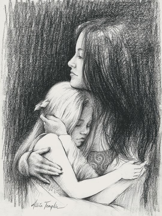 a drawing of two women hugging each other