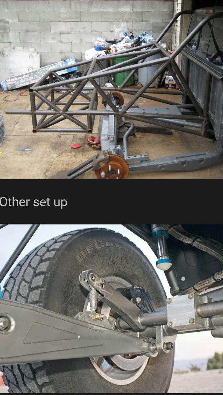 two pictures side by side with the same vehicle in different stages and one showing it's front wheel