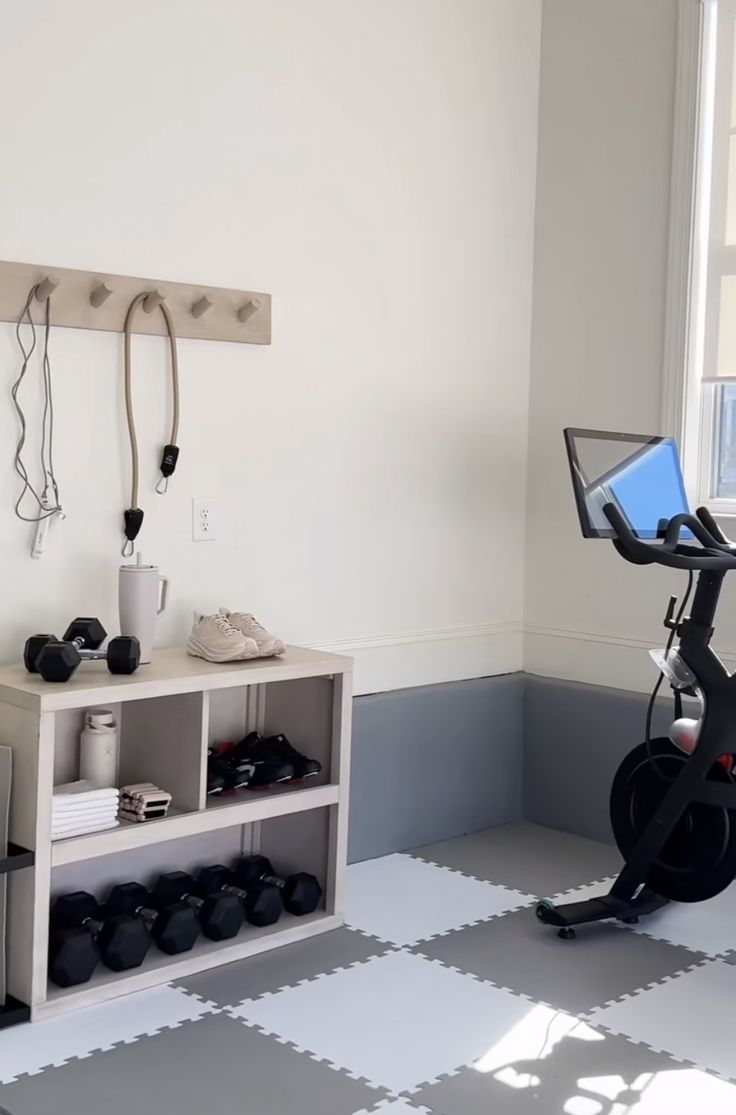 there is a bike in the room with shelves