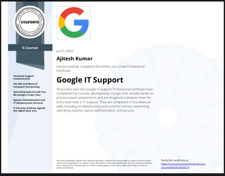 the google it support certificate is displayed