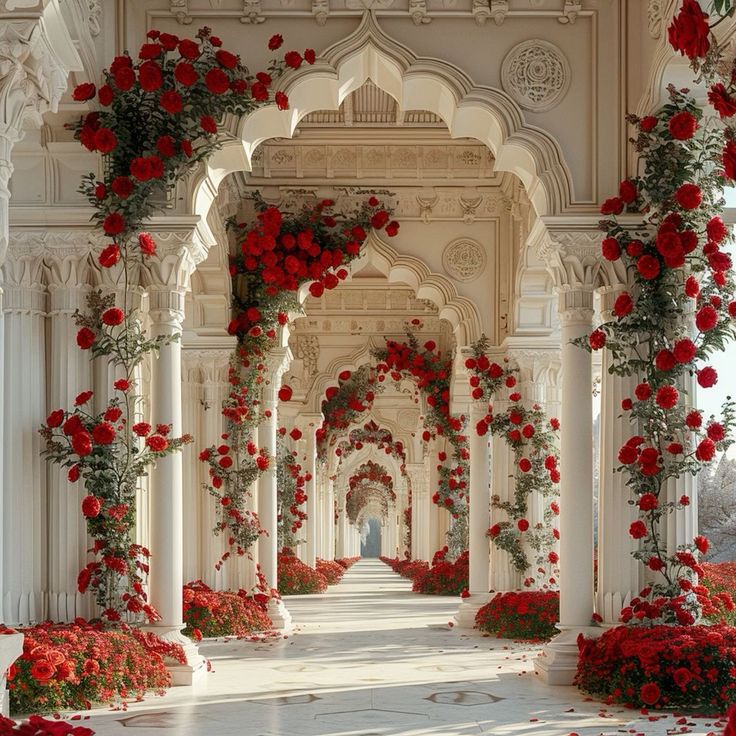 an archway with red flowers on it and greenery in the middle is surrounded by white pillars