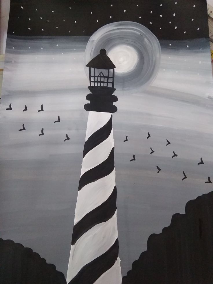 a painting of a lighthouse with birds flying around it