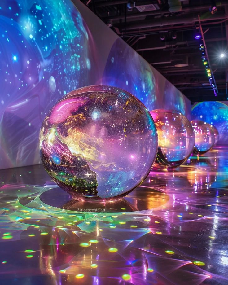 several shiny balls are on the floor in front of a large wall with colorful lights