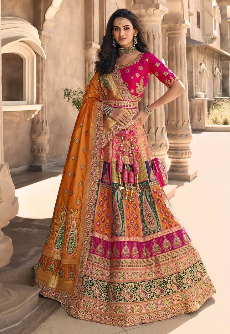 Banarasi silk circular lehenga choli in Multicolor colour 10237  Desc:  Style : Circular Lehenga Choli Color : Multicolor Fabric : Banarasi Silk Wash Care : Dry clean Sleeve Style : Half Sleeve Long Sleeves : Done only in Custom Stitch Sleeves Lining : Done only in Custom Stitch Bust Size : 32 to 42 Inches Occasion : Wedding   Mehendi   Sangeet   Engagement   Reception   Ceremonial   Baby Shower   Teej. With Express Free Shipping and Custom Stitching, Buy Indian Party wedding and bridal Lehenga Latest Lehenga Designs, Blouse Lehenga, Designer Bridal Lehenga Choli, Designer Bridal Lehenga, Lehenga Wedding, Green Lehenga, Lehenga Online, Lehenga Choli Online, Silk Bottoms