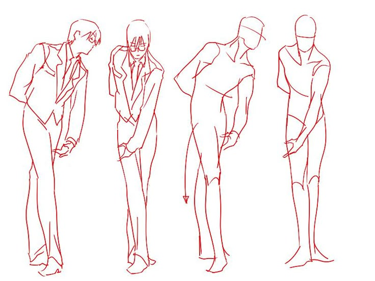 a line drawing of three men in suits and ties looking at each other with their hands on their hips