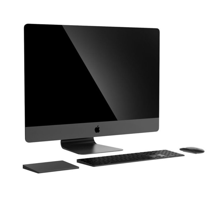 an apple desktop computer sitting on top of a white surface next to a keyboard and mouse