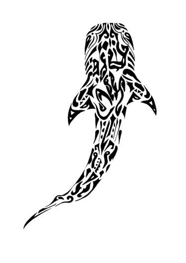 a black and white drawing of a dolphin with patterns on it's back side