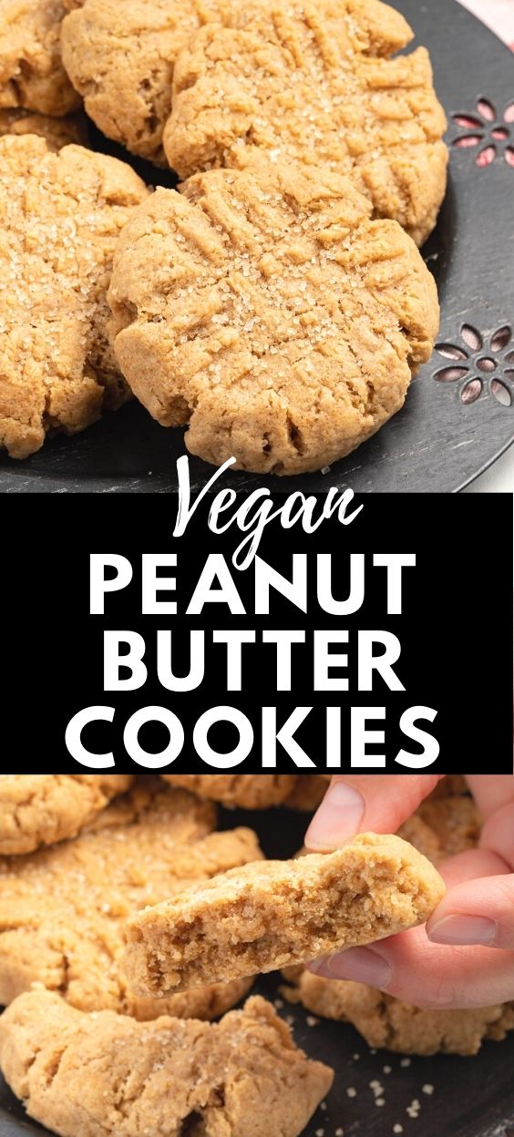 vegan peanut butter cookies on a black plate with the words vegan peanut butter cookies