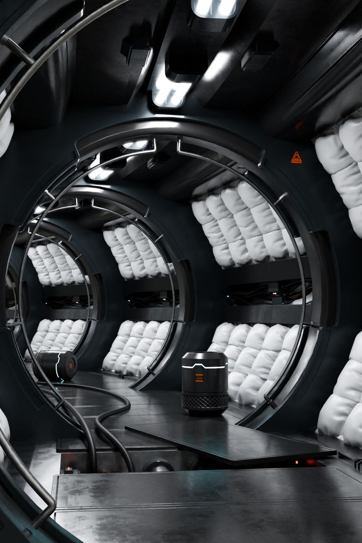 the interior of a futuristic space station with white chairs and lights on each side of the room