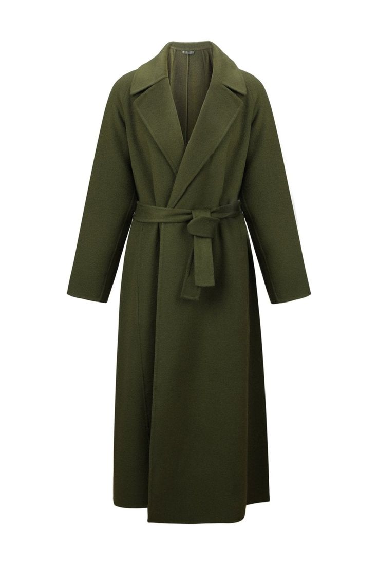 Nothing says luxury like a hand-sewn, heavyweight, double-face Italian wool wrap coat. Our 02 DOUBLE-FACE WOOL COAT is the timeless investment piece you’ll be wearing for years to come and is made from a responsibly sourced deadstock wool blend. Wool is a natural, renewable, biodegradable fiber that is anti-wrinkling, and resistant to odors and stains. Our wool is blended with a touch of nylon, giving our coat an unparalleled luxurious softness. Product Details Double-faced Notch lapels Long sle Long Green Coat, Green Wool Coat, Wool Wrap Coat, Lounge Sweater, Green Wrap, Military Coat, Wool Wrap, Wrap Coat, Green Coat