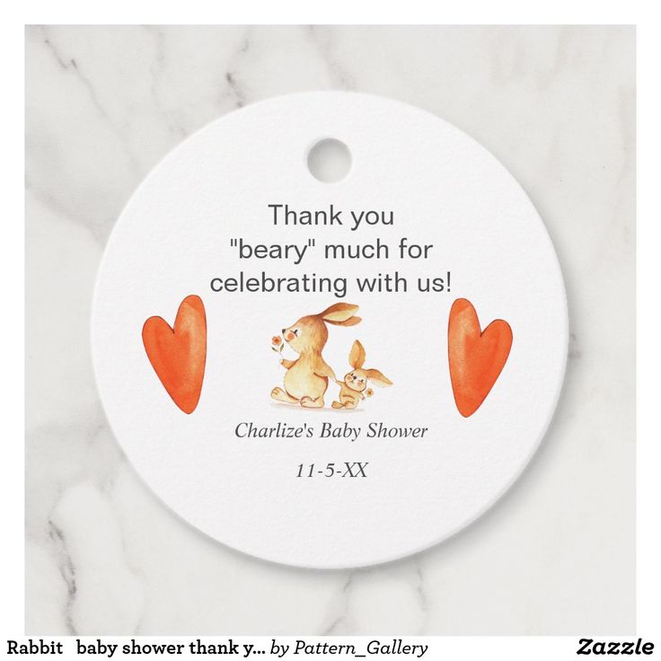 a baby shower tag with an image of two hearts and the words thank you, beary much for celebrating with us