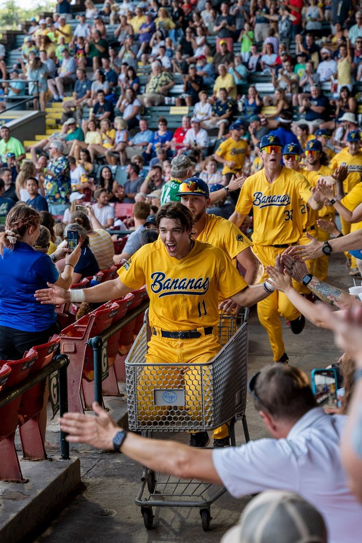 some baseball players are in the stands with their hands up