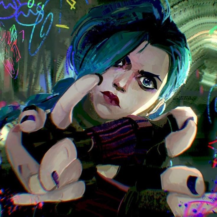 a digital painting of a woman with blue hair pointing her finger at the camera,