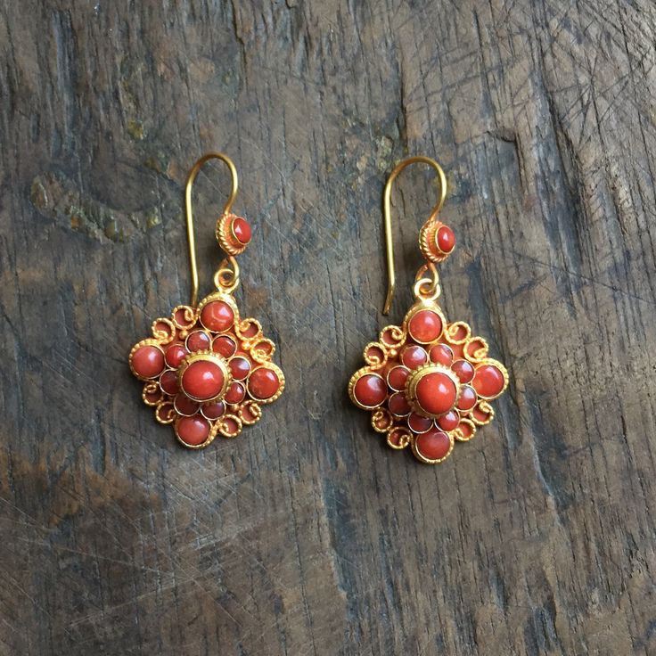 Corals set on 24k Vermeil in the shape of Mandala Approximate dimensions; L 1.5 X W0.75 inches Coral Jewelry Vintage, Tibetan Earrings, Mandala Earrings, Earrings Design, Coral Jewelry, Gold Jewelry Fashion, The Shape, Vintage Costume Jewelry, Mandala Design