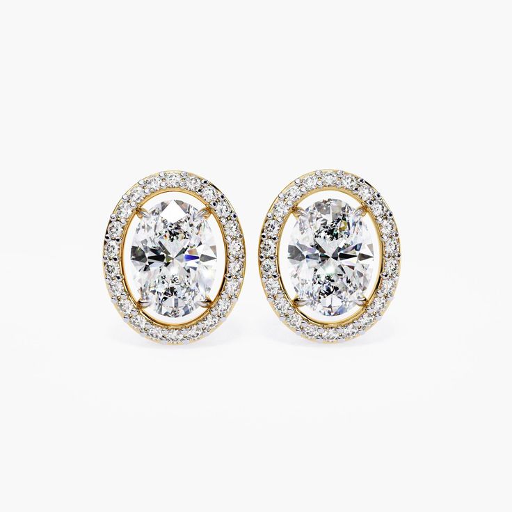 These Oval Cut Cluster Lab-Grown Diamond Stud Earrings are a timeless expression of elegance. Crafted in 14k gold, these earrings feature a stunning arrangement of lab-grown diamonds in an oval cut, creating a radiant cluster that catches the light beautifully. Ideal as a thoughtful gift for her, these diamond studs are especially perfect for grandmothers, offering a classic yet modern touch to any outfit. FEATURES * Gold Kt: 14K * Diamond Type: Lab Grown Diamond * Diamond Cut: Oval, Round Brill Yellow Gold Oval Halo Earrings, Yellow Gold Halo Setting Earrings For Wedding, Yellow Gold Earrings With Halo Setting For Wedding, Yellow Gold Halo Earrings For Wedding, Classic Halo Design Earrings For Anniversary, White Halo Cluster Earrings For Anniversary, Oval Halo Earrings For Formal Occasions, Formal Oval Halo Earrings, Classic White Halo Earrings