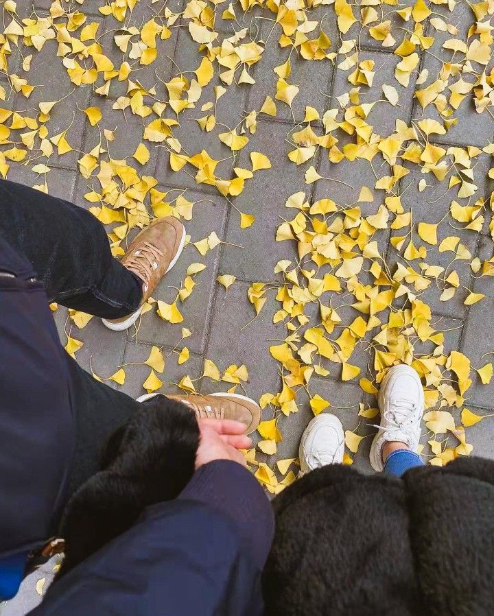 two people sitting on the ground with their feet up and yellow leaves scattered around them